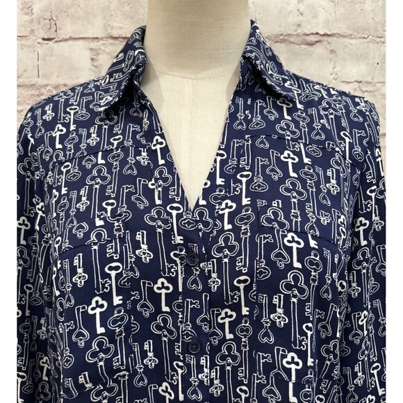EXPRESS The Portofino Shirt Women's Small Navy Blue Keys Long Sleeve Roll Tab - Picture 2 of 3